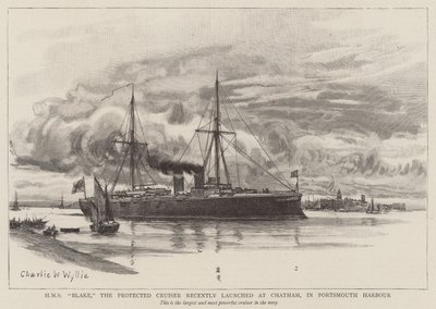 A HMS Blake, a Protected Cruiser nemrégiben indult útjára Chathamben, Portsmouth kikötőjében alkotó: Charles William Wyllie