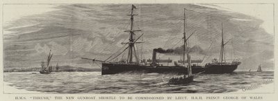 A HMS Thrush, az új ágyúhajót hamarosan George walesi herceg hadnagy szolgálatba állítja. alkotó: Charles William Wyllie