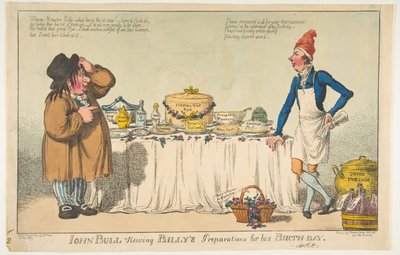 John Bull megtekinti Billys előkészületeit születésnapjára, 1802. május 18-án. alkotó: Charles Williams