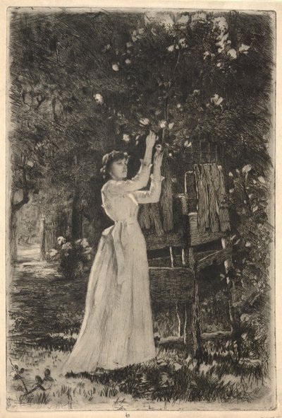 Egy fiatal nő virágot szed egy fáról alkotó: Charles Yardley Turner