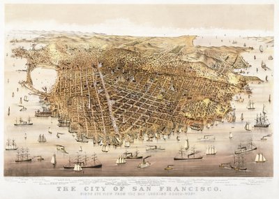 San Francisco városa, madártávlat az öbölből délnyugat felé, kiadó: Currier & Ives alkotó: Charles Richard Parsons