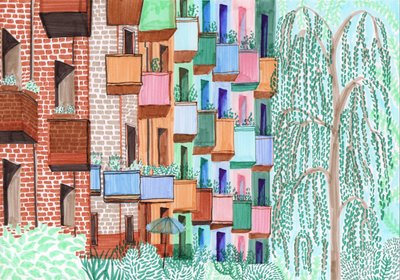 Kreuzberg erkélyei, 2017 (ecset tollak) alkotó: Charlotte Orr