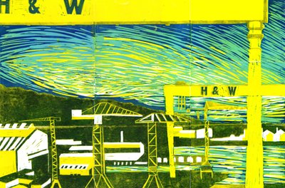 Harland & Wolff Cranes, Belfast, 2022 (linoprint) alkotó: Charlotte Orr