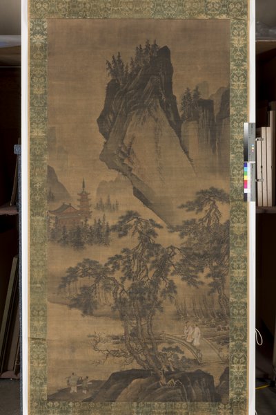 Scholars Converse on a Bridge (tinta és szín selyemen, brokát selyemre fektetve, papírra fektetve) alkotó: Chen Zhou
