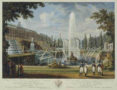 Kilátás a Nagy Kaszkádra, a Sámson-kútra és a nagy palotára Peterhofban, 19. század eleje. alkotó: Chessky