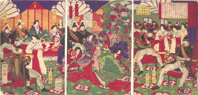 A kagosimai lázadók békítésének vezetői pohárral ünnepelnek..., 1877. szeptember 20. alkotó: Chikanobu Yoshu