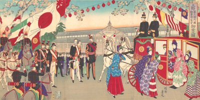 A császárné látogatása a Harmadik Országos Ipari Promóciós Kiállításon az Ueno Parkban..., 1889. alkotó: Chikanobu Yoshu