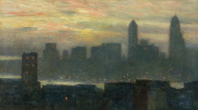 Manhattan ködös naplementéje alkotó: Childe Frederick Hassam