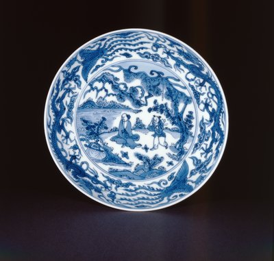 Kék-fehér edény zsályával és kísérővel festve, Wanli jel és korszak, 1573-90 (porcelán) alkotó: Chinese School