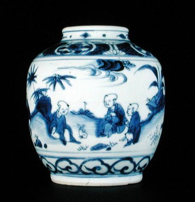 Kék-fehér tégely nyúllal festett fiúval, Wanli vagy Chongzheng, 1600-30 (porcelán) (lásd: 206093, 206094, 206096) alkotó: Chinese School