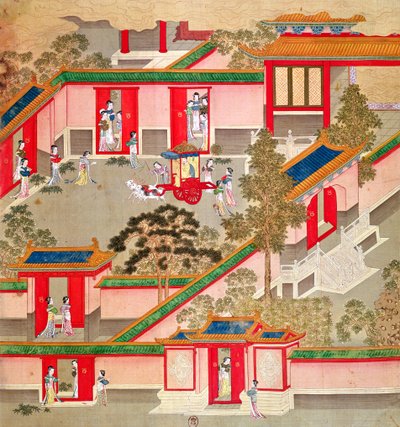 Wu Ti császár (156-87, i.e. 141-87), elhagyja palotáját, a kínai császárok történetéből (szín a selyemen) alkotó: Chinese School