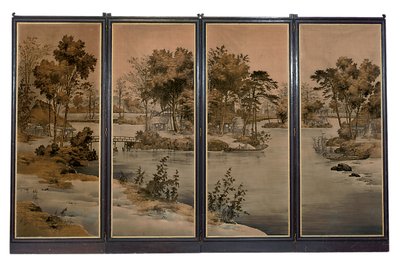 Négyszeres paraván bársony panelekkel, grisaille tónusú folyami tájjal átszőve alkotó: Chinese School