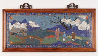 Kínai tájat ábrázoló tábla, a Ming-dinasztia (kloisonne-i zománc) alkotó: Chinese School