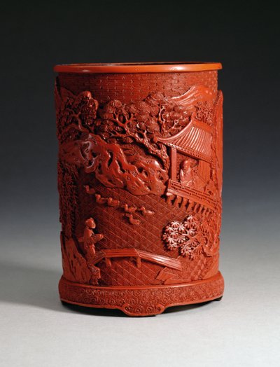 Piros formájú ecsettartó, amely a híres kalligráfus Wang Hsi-chih-t (i.sz. 307-365 körül) ábrázolja, amint a pavilonjában ül, egy tóban lévő libákat és egy hídon átkelő fiút néz, Ching-dinasztia, Qianlon alkotó: Chinese School