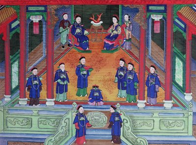 Jelenet, amely egy kínai császári tisztviselőt ábrázol otthon ülve feleségével (guache, selyem) alkotó: Chinese School