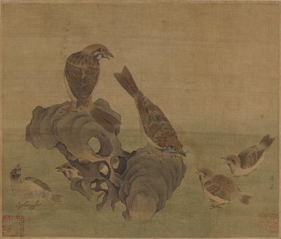 Fiatalaikat tápláló verebek, Ming vagy Qing-dinasztia alkotó: Chinese School
