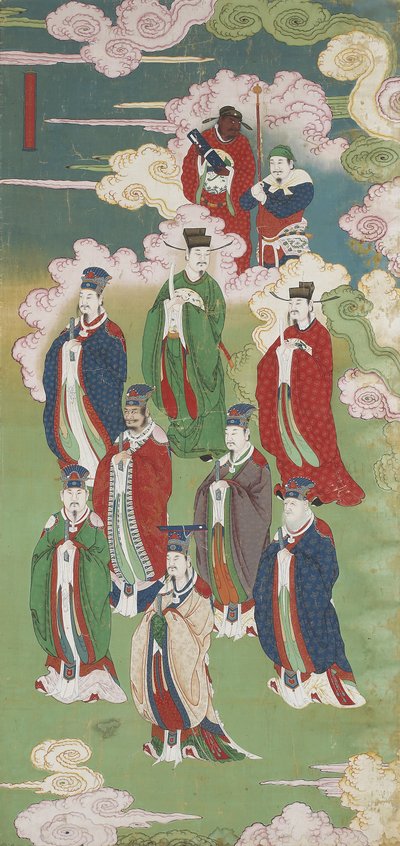A Magasztos Császárok és Az Öt Irány istenei egy buddhista földről és vízi rituálékészletből (tinta, színek és arany selyemen) alkotó: Chinese School