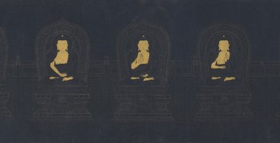 A múlt hét buddhája, valószínűleg a Ming-dinasztia (arany és fehér pigment a sötétkék papíron) alkotó: Chinese School