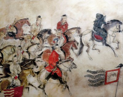 Zhanghuai herceg sírja, vadászjelenet lovakkal, Xian, Han-korszak, 706 (falfestmény) alkotó: Chinese School