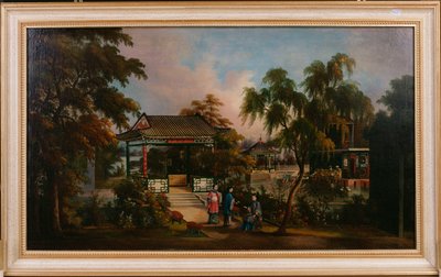Kilátás a kantoni Howqua kertjére hölgyekkel egy pavilon mellett, 1850 körül alkotó: Chinese School