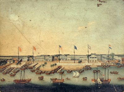 Kilátás a kantoni Hongkra a dán, osztrák, amerikai, svéd, brit és holland gyárakkal (olaj, réz) alkotó: Chinese School