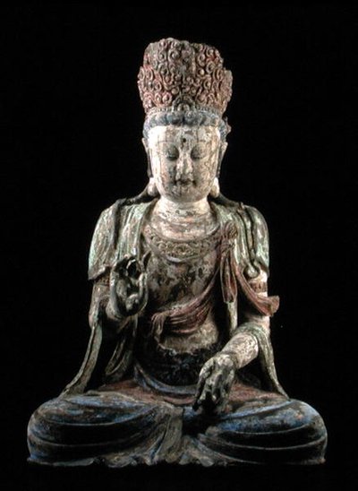 Nagy, ülő bodhiszattva felemelt kézzel, Csin-dinasztia (1115-1234) (fa és pigment) (lásd 206547) alkotó: Chinese School Chinese School