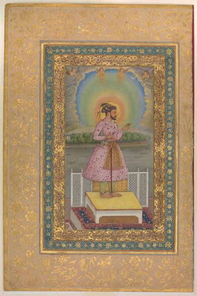 Shah Jahan a teraszon, kezében egy medálkészlet a portréjával, fólió a Shah Jahan albumból, recto: 1627–28 alkotó: Chitarman