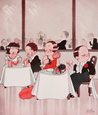 Városi egerek és vidéki egerek, kifinomult polgárok kontra kifinomult vidéki emberek, éttermi jelenet, Chloe Preston (1887-1969) rajza, The Tatler, 1384. szám, január 4. alkotó: Chloe Preston