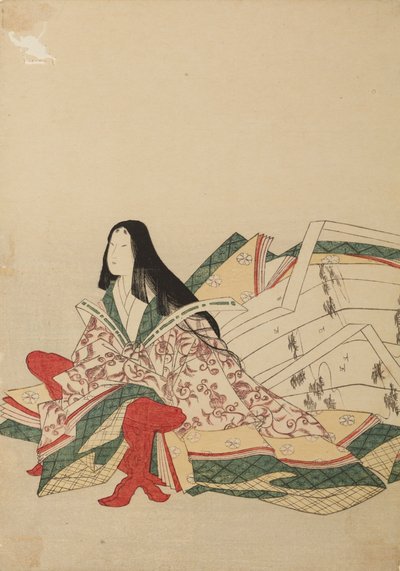 Egy udvari hölgy ül, a kyosokura támaszkodva; illusztráció az albumból: Harminchat költőnő / Nishiki-zuri onna rokkasen e-zukushi alkotó: Chobunsai Eishi