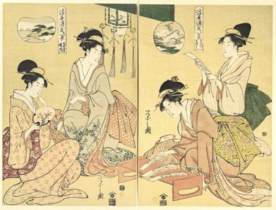 Szellemidéző; hazatérő vadludak (Maboroshi; Rakugan) (jobbra) és vékony felhőfátyol; tisztuló idő (Usugumo; Seiran) (balra), a Genji történetének nyolc látképe a lebegő világban című sorozatból (Ukiyo Genji hakkei) alkotó: Chobunsai Eishi