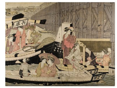 Sumida folyó jelenet (egy pentaptichonból) alkotó: Chobunsai Eishi