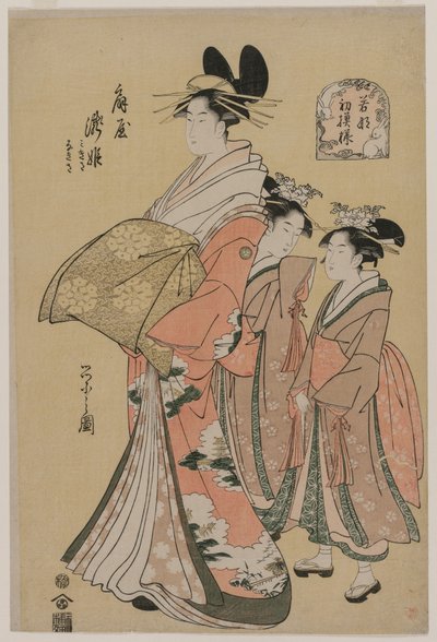 Takihime udvarhölgy és kísérői a Fiatal zöldek új mintái című sorozatból, 1795. alkotó: Chobunsai Eishi