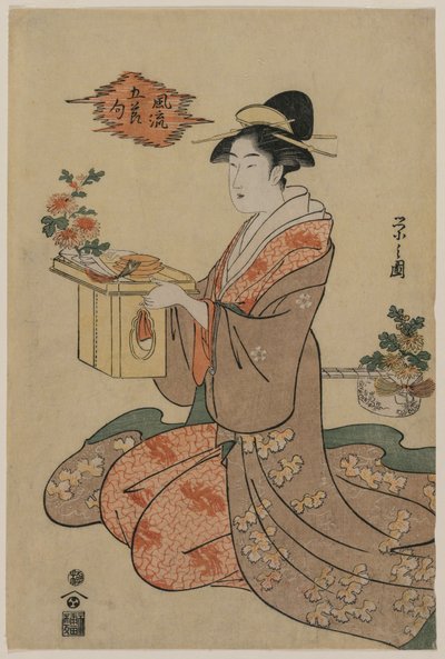 Nő, aki krizantémokkal díszített fa csészeállványt tart..., 1790-es évek közepe. alkotó: Chobunsai Eishi