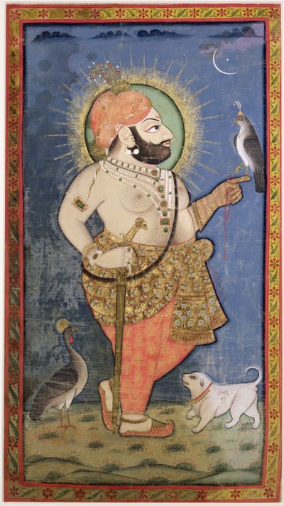Maharana Bhim Singh of Mewar egy sólymával, Udaipur (Mewar) Rajasthan, 1805 körül (gouache arannyal a ruhán) alkotó: Chokha