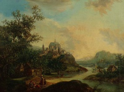Rajna-vidéki kilátás alakokkal az előtérben és egy erődített város egy dombon túl alkotó: Christian Georg II Schutz or Schuz
