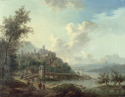 Rajnai látkép, előtérben egy híddal és alakokkal, mögötte egy dombon fekvő erődített várossal alkotó: Christian Georg II Schutz or Schuz