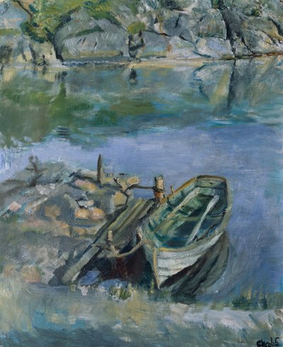 Evezős csónak rakparttal alkotó: Christian Krohg