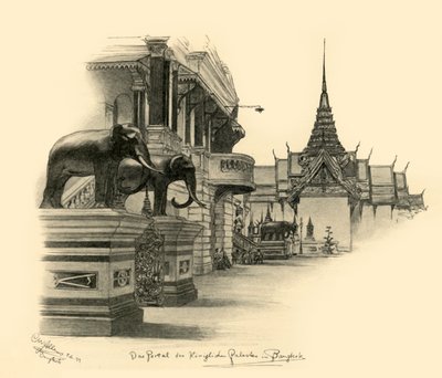 A királyi palota bejárata Bangkokban, Sziámban, 1898. alkotó: Christian Wilhelm Allers