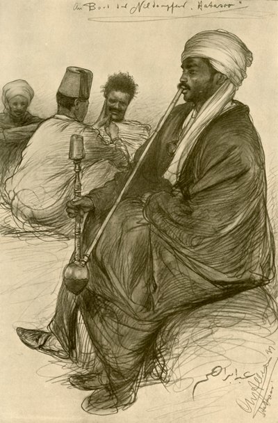 Férfi vízpipázik a „Hatasoo” gőzhajó fedélzetén, Egyiptom, 1898. alkotó: Christian Wilhelm Allers