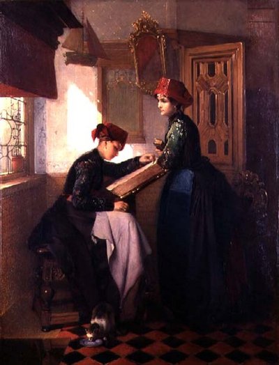 Hindeloopen lányok belső térben (olaj a panelen) alkotó: Christoffel Bisschop