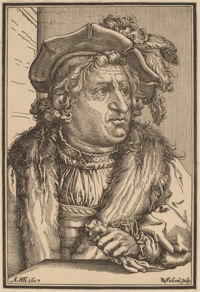 Férfi tollas sapkával alkotó: Christoffel van Sichem I after Hendrik Goltzius