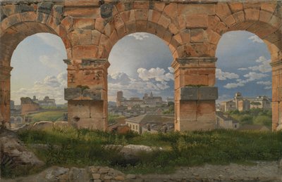 Kilátás a római Colosseum harmadik emeletének északnyugati boltívéből három alkotó: Christoffer Wilhelm Eckersberg