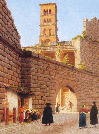 Augustus fóruma körüli fal a Mars Ultor templommal és a római San Basilio templom campanile-jával. alkotó: Christoffer Wilhelm Eckersberg