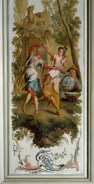 Chinoiserie: Táncjelenet, a Champs sur Marne kastély nagy szalonjának panelje, Christophe Huet (1700-1759) alkotó: Christophe Huet