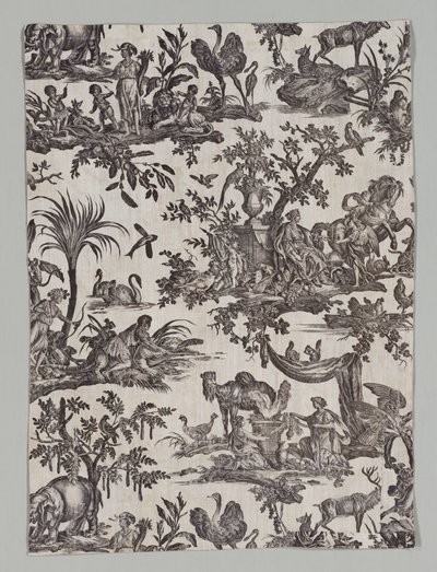 Rézlemezre nyomtatott pamut töredéke Les quatres party du monde Design, 1788. alkotó: Christophe Philippe Oberkampf