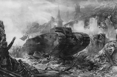 A páncélozott szárazföldi hajók első használata a háborúban, a „tankok” a nyugati fronton (litho) alkotó: Christopher (after) Clark