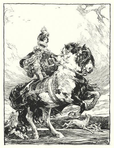 Tudor jelmezben vadászó nő lóháton (litho) alkotó: Christopher (after) Clark