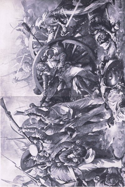 A meanee-i csata, 1843. február 17.: Harc az ágyúknál, illusztráció a brit csaták szárazföldön és tengeren című filmből, 1915 alkotó: Christopher Clark