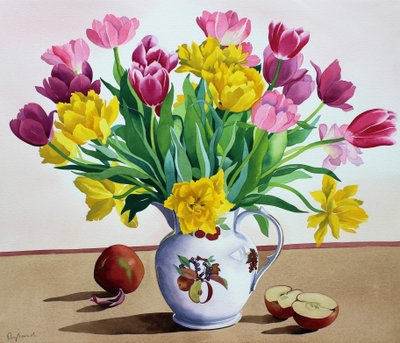 Tulipánok kancsóban almával (akvarell papíron) alkotó: Christopher Ryland