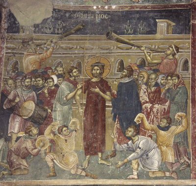 A zenészek Jézus megcsúfolása jelenete, 1317 körül alkotó: Chrostiras Michael